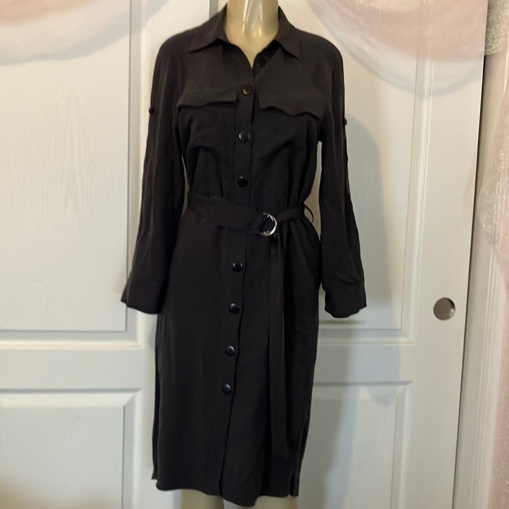 Used Dress TopShop Long Sleeve Dark Gray Button Down MIDI Shirt Dress Belted